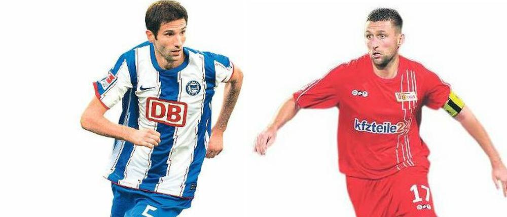 Herthas Andre Mijatovic, 31, (unten) und Torsten Mattuschka, 30, vom 1. FC Union führen ihre Teams heute ins Olympiastadion. 