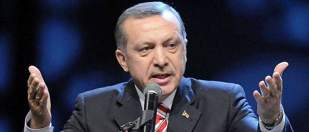 Der türkische Ministerpräsident Recep Tayyip Erdogan spricht 2008 bei einer Veranstaltung in der Kölnarena.