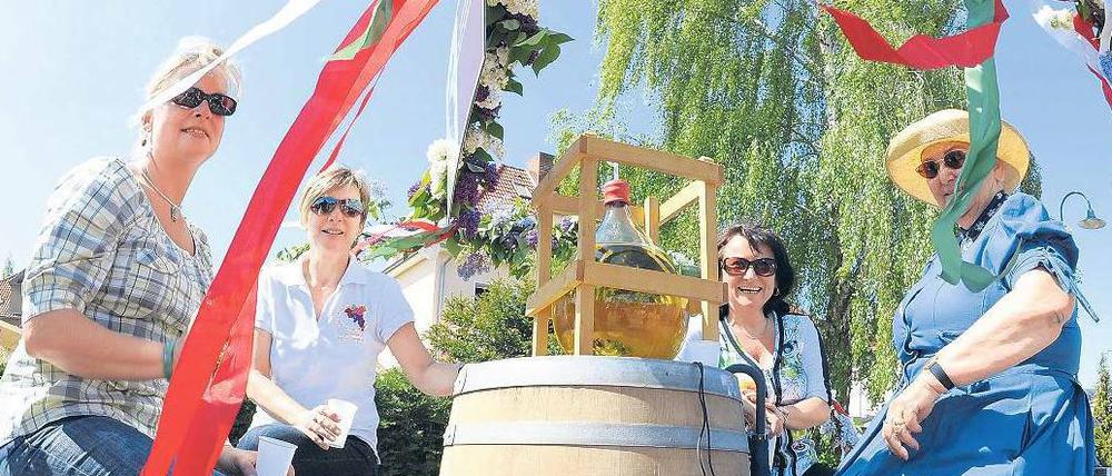 Rund um den Obstwein. Diese Damen sitzen an der Quelle: Auf dem Fass steht ein Glassgefäß mit Hochprozentigem. In historischer Kleidung nahmen die Vier gestern am Umzug zum Baumblütenfest in Werder teil. Foto: dapd / Heimann