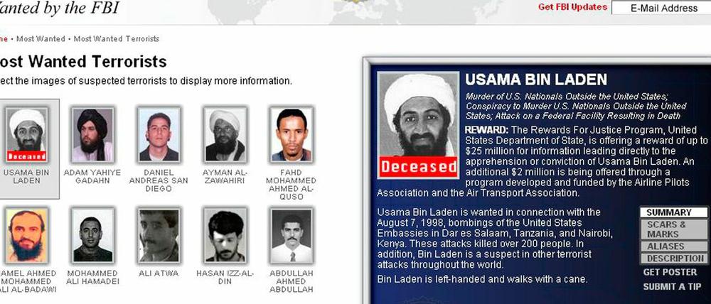 "Deceased" (Verstorben) steht auf der Homepage des FBI. Eine US-Spezialeinheit tötete Terror-Chef Osama bin Laden in seinem pakistanischen Versteck.