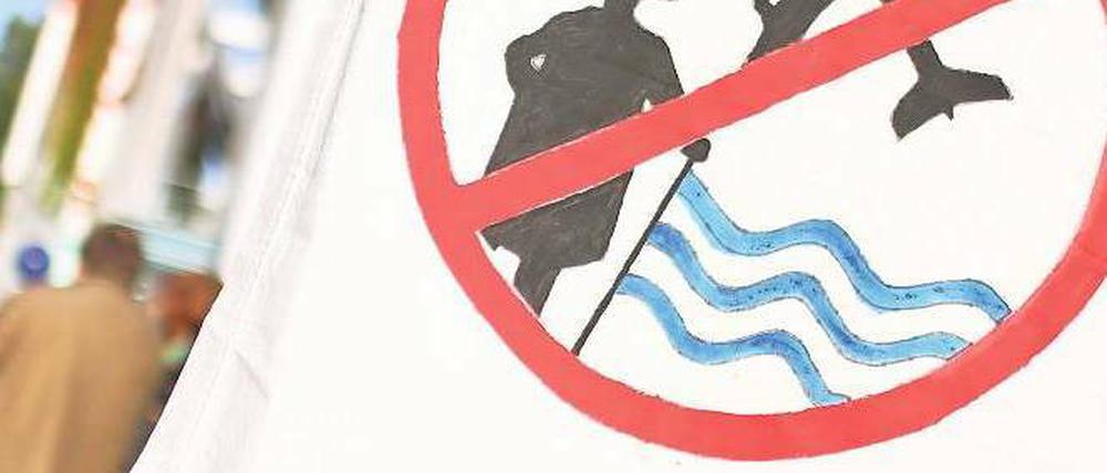 Zeichen zeigen. Das Logo der Fluglärmgegner, hier bei einer Demo am Freitag. Foto: dpa