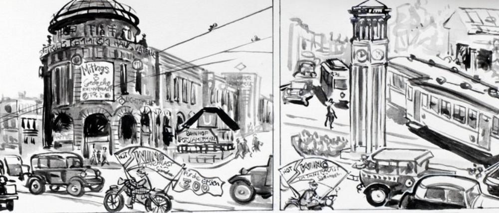 Die Hauptfigur betätigt sich mit dem Motorrad auch als Werbeträger für einen Musik-Club, so oben links vor dem Vergnügungspalast „Haus Vaterland“ am Potsdamer Platz und rund ums Brandenburger Tor.