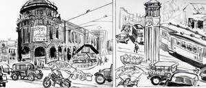  Die Hauptfigur betätigt sich mit dem Motorrad auch als Werbeträger für einen Musik-Club, so oben links vor dem Vergnügungspalast „Haus Vaterland“ am Potsdamer Platz und rund ums Brandenburger Tor.