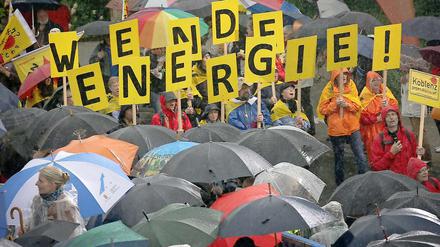 Atomkraftgegner aus Koblenz demonstrierten am vergangenen Sonntag (3. Juni 2012) im rheinland-pfälzischen Ingelheim im Regen für die Energiewende.