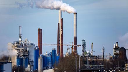 Problematische Zeitgenossen. Schornsteine an der Shell Rheinland Raffinerie im Kölner Stadtteil Godorf.