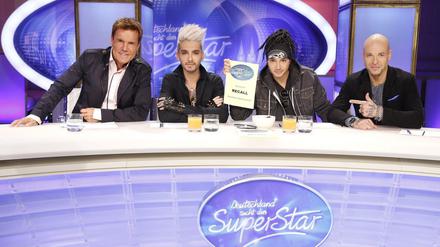 Die neue "DSDS"-Jury: Dieter Bohlen (v.l.), Bill und Tom Kaulitz von Tokio Hotel und Mateo von Culcha Candela. 