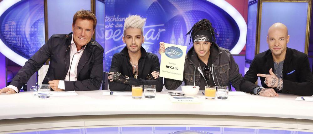 Die neue "DSDS"-Jury: Dieter Bohlen (v.l.), Bill und Tom Kaulitz von Tokio Hotel und Mateo von Culcha Candela. 