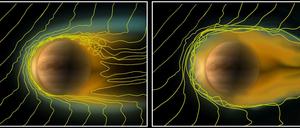Unter normalen Bedingungen umgibt die Ionosphäre die Venus in 150 bis 300 Kilometern Höhe. Bei sehr schwachem Sonnenwind verändern sich die Magnetfelder (angedeutet durch gelbe Linien) und die Ionosphäre dehnt sich aus. An der sonnenabgewandten Seite entsteht dadurch eine Art Plasmaschweif.