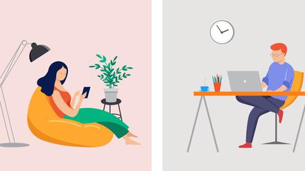 Working at home, coworking space, concept illustration. Young people, man and woman freelancers working on laptops and computers at home. Vector flat style illustration