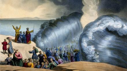 Moses teilt das Meer. Eine Lithographie aus den 1850er Jahren aus der Collection Kharbine Tapabor.   