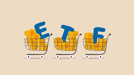ETF, Exchange Traded Funds realtime mutual funds that tracking investment index trading in stock market concept, shopping carts or trolley full of Dollar money coins with alphabet combine the word ETF
