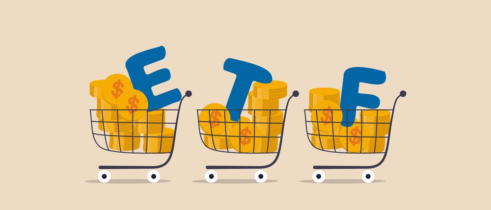 ETF, Exchange Traded Funds realtime mutual funds that tracking investment index trading in stock market concept, shopping carts or trolley full of Dollar money coins with alphabet combine the word ETF