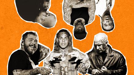 Nur straßentauglich mit Tinte im Gesicht: Sierra Kidd, Daniel Gun, Lil Uzi Vert, MC Bogy, 6ix9ine, Post Malone (von oben links, im Uhrzeigersinn).
