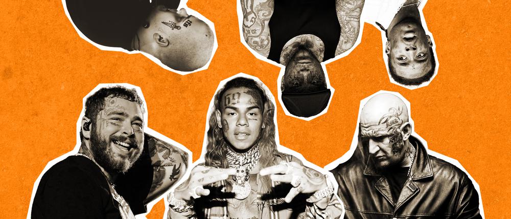 Nur straßentauglich mit Tinte im Gesicht: Sierra Kidd, Daniel Gun, Lil Uzi Vert, MC Bogy, 6ix9ine, Post Malone (von oben links, im Uhrzeigersinn).