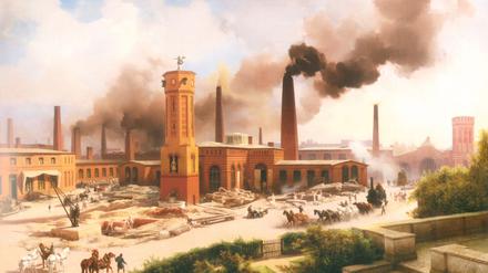 „Feuerland“ nannte man die Gegend um die Chausseestraße Mitte des 19. Jahrhunderts. Hier nahm die deutsche Schwerindustrie ihren Anfang – mit viel Rauch und Getöse, wie Eduard Biermanns Gemälde „Borsig’s Maschinenbauanstalt zu Berlin“ von 1847 zeigt. 