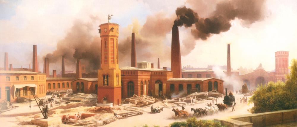 „Feuerland“ nannte man die Gegend um die Chausseestraße Mitte des 19. Jahrhunderts. Hier nahm die deutsche Schwerindustrie ihren Anfang – mit viel Rauch und Getöse, wie Eduard Biermanns Gemälde „Borsig’s Maschinenbauanstalt zu Berlin“ von 1847 zeigt.