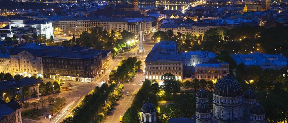 Latvia,Riga,elevated view of Old Riga,Vecriga,evening