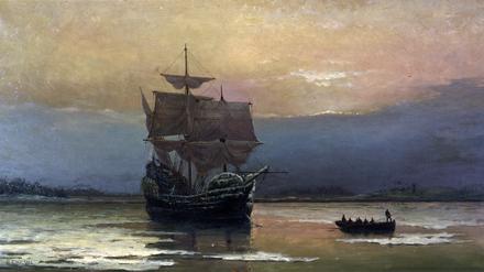 Zur Legende verklärt. „Mayflower in Plymouth Harbor,“ von William Halsall, gemalt 1882.