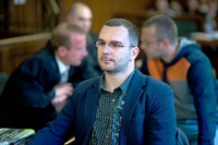 Der angeklagte NPD-Funktionär Sebastian Schmidtke beim Prozess wegen Volksverhetzung im Amtsgericht Tiergarten in Berlin.
