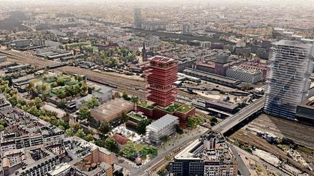Die Gelände-Simulation mit Hochhaus der Architektenbüros zeigt eine Vielzahl an Neubauten auf dem RAW-Gelände. 