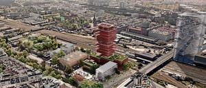 Die Gelände-Simulation mit Hochhaus der Architektenbüros zeigt eine Vielzahl an Neubauten auf dem RAW-Gelände. 