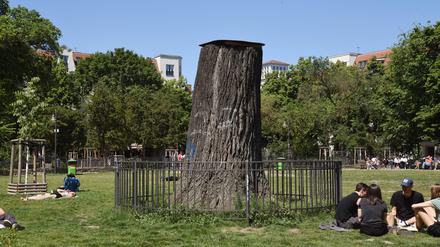 Der gefällte Baum auf dem Boxhagener Platz in Berlin-Friedrichshain. Im Stumpf nisten nun Fledermäuse.