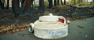 Schläuche der Feuerwehr liegen auf dem Boden, während Michael Stübgen (CDU), Innenminister des Landes Brandenburg im verbrannten Wald in Treuenbrietzen steht. 