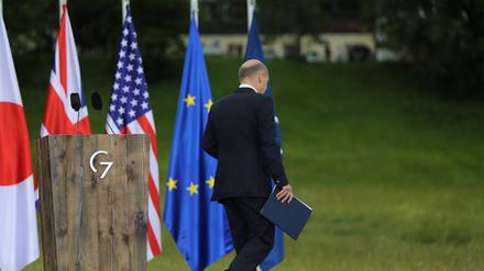 Bundeskanzler Olaf Scholz nach der G7-Pressekonferenz.