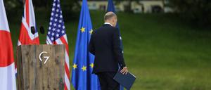 Bundeskanzler Olaf Scholz nach der G7-Pressekonferenz.