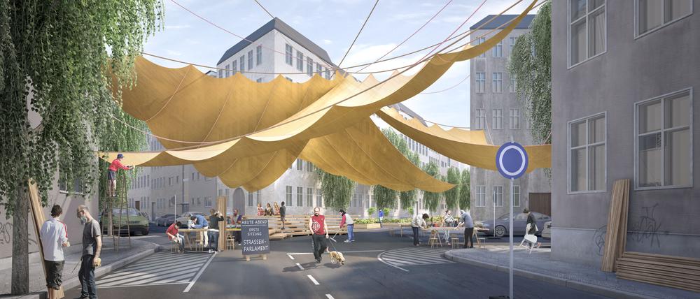 Die sogenannte Beteilligungsthese im „Manifest der freien Straßen“ zeigt ein „Straßenparlament“ mitten auf einer Kreuzung. 
