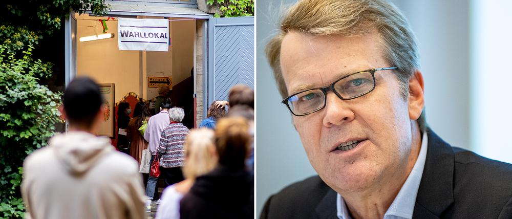 Links ein Wahllokal in Berlin während der Wahlen im vergangenen September, rechts Robert Vehrkamp, Mitglied der Expertenkomission „Wahlen in Berlin“