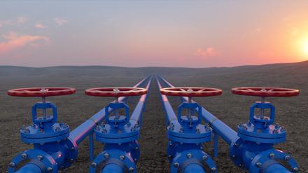 Oil Or Gas Transportation With Blue Gas Or Pipe Line Valves On Soil And Sunrise Background
