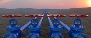 Oil Or Gas Transportation With Blue Gas Or Pipe Line Valves On Soil And Sunrise Background