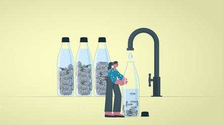 Leitungswasser statt Mineralwasser.
Wer Wasser ohne Kohlensäure mag, kann sich die Ausgaben für gekauftes Flaschenwasser sparen. Das Berliner Leitungswasser kostet pro Liter 0,002 Euro und toppt damit auch den günstigsten Anbieter. 
