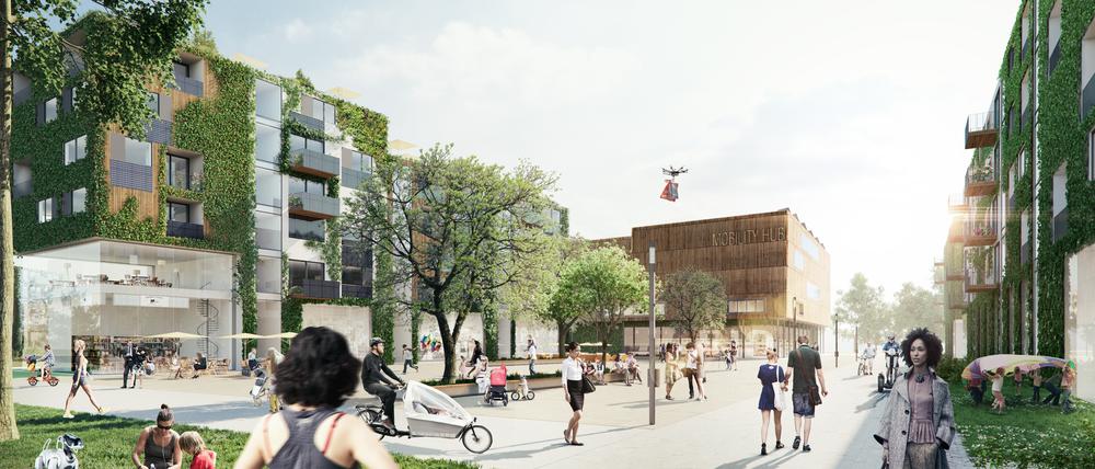 Begrünte Holzfassaden, Lieferdrohnen und Vorrang für den Fußverkehr. So könnte das Schumacher-Quartier auf dem ehemaligen Flughafen Tegel aussehen. 