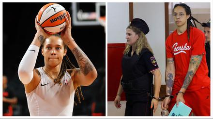Brittney Griner bei einem Spiel 2021 in den USA und bei einem Gerichtstermin am 7. Juli 2022 in Moskau.