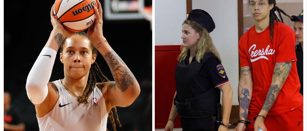 Brittney Griner bei einem Spiel 2021 in den USA und bei einem Gerichtstermin am 7. Juli 2022 in Moskau.