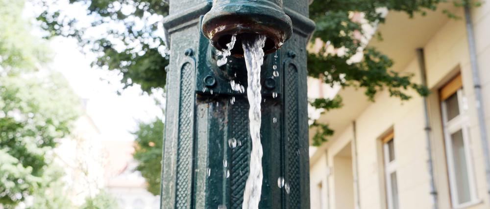 Eine Pumpe am Straßenrand gibt Wasser für trockene Bäume.