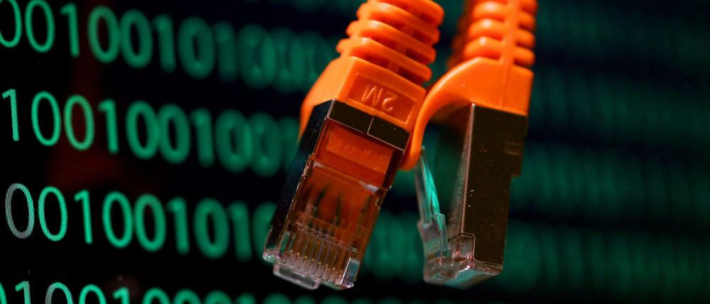 Netzwerkkabel hängen am 20.01.2014 in Köln (Nordrhein-Westfalen) vor einem Computerbildschirm mit dem binären Zahlencode