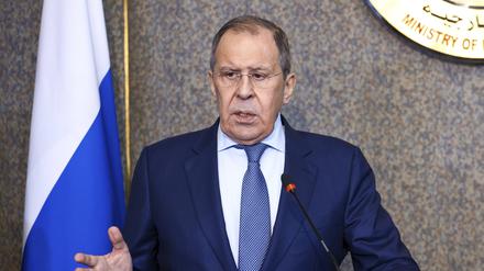 Sergej Lawrow, Außenminister von Russland, während einer gemeinsamen Pressekonferenz mit dem ägyptischen Außenminister Schukri.
