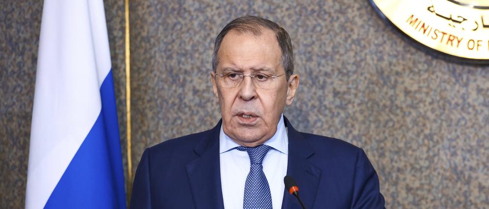 Sergej Lawrow, Außenminister von Russland, während einer gemeinsamen Pressekonferenz mit dem ägyptischen Außenminister Schukri.