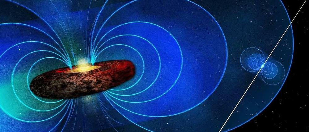 Die Grafik zeigt einen neu entdeckten Pulsar im Zentrum unserer Galaxis. Um das Schwarze Loch im Zentrum befindet sich ein starkes Magnetfeld.
