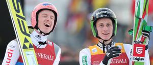 Einholjagd. Bei einer Sechs- oder Siebenschanzentournee hätte Severin Freund (links) den Slowenen Peter Prevc womöglich besiegt. 