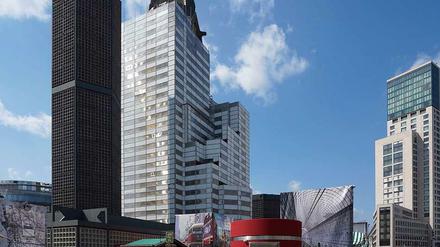 Alt und neu. Auf dem Breitscheidplatz verschwinden allmählich die Baugerüste an der Gedächtniskirche. Im Zoofenster-Hochhaus rechts ist das Waldorf-Astoria-Hotel eingezogen.