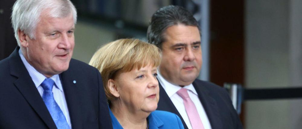 Die Parteivorsitzenden Horst Seehofer, Angela Merkel und Sigmar Gabriel im Dezember 2013. 