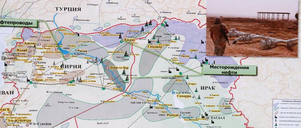 Vorwärtsverteidiger. Das russische Verteidigungsministerium legt immer wieder Karten vor, die Schmuggelrouten des IS zeigen sollen.