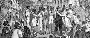 Düstere Zeiten. Afrikanische Sklaven werden auf dieser undatierten Zeichnung um 1860 auf einem Markt in den Südstaaten versteigert.