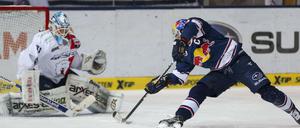 Petri Vehanen im Tor der Eisbären im Duell mit Münchens Kapitän Michael Wolf. 