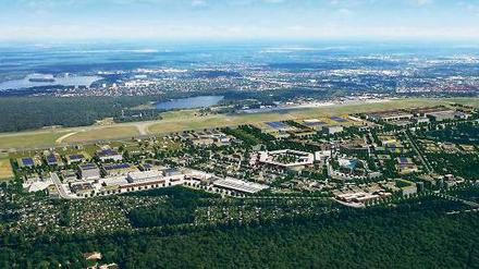 Zukunftsmusik. Noch ist der Flughafen Tegel in Betrieb. Doch wenn er erst einmal zugunsten des neuen Flughafens geschlossen wird, eröffnet sich der Stadt hier mit einer Fläche von 490 Hektar ein neues Potenzial für eine zukunftsorientierte Nutzung zum Forschungs- und Industriepark für urbane Techniken.