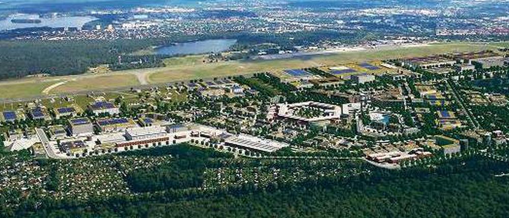 Zukunftsmusik. Noch ist der Flughafen Tegel in Betrieb. Doch wenn er erst einmal zugunsten des neuen Flughafens geschlossen wird, eröffnet sich der Stadt hier mit einer Fläche von 490 Hektar ein neues Potenzial für eine zukunftsorientierte Nutzung zum Forschungs- und Industriepark für urbane Techniken.
